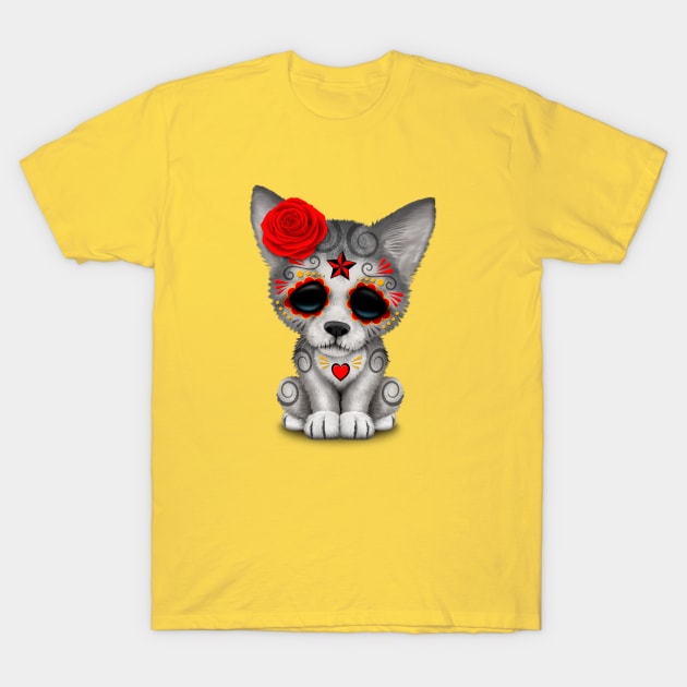 Red Day of the Dead Sugar Skull Wolf Cub T-Shirt by jeffbartels